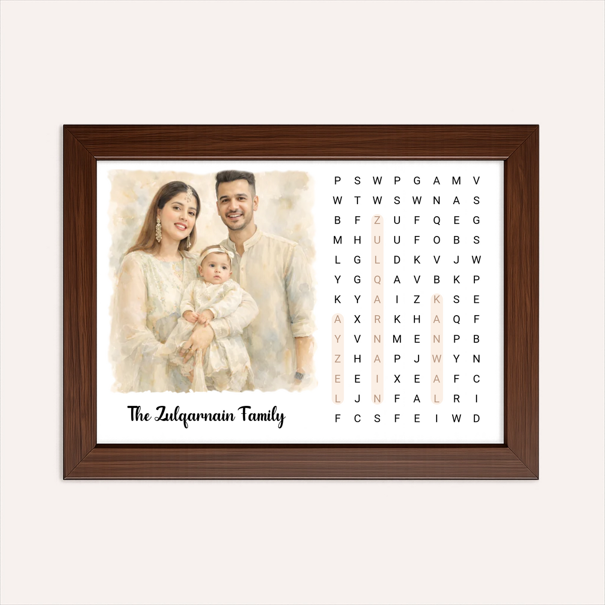 Personalized Watercolor Style Family Photo With Word Search